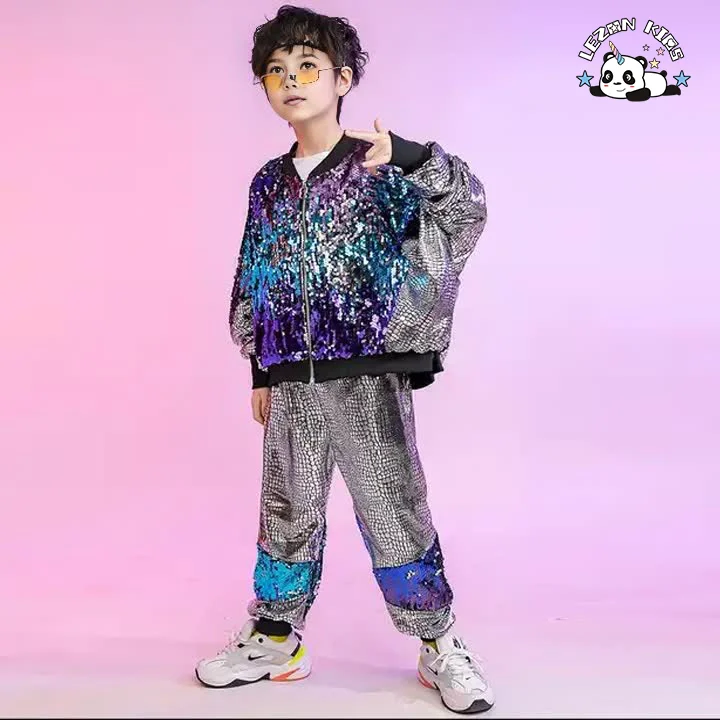 LEZONKIDS - Jazz Dance Hip Hop Sequined Dance Performance Costume Kids Two Piece Sets Custom Boys Clothing Sets